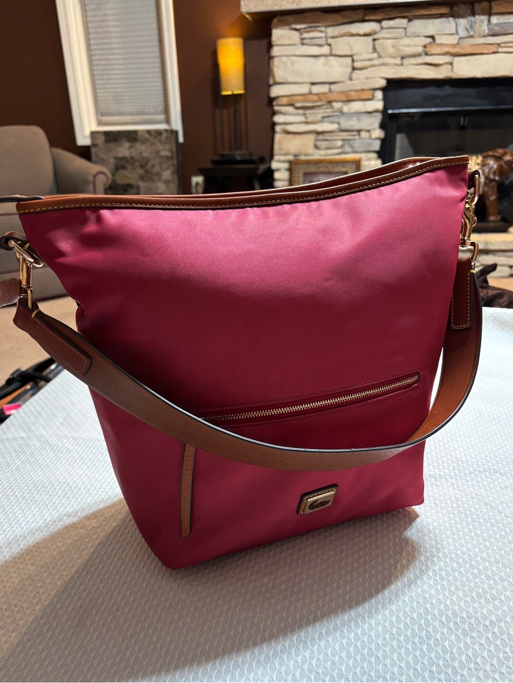 Dooney & Bourke Rose-Pink Shoulder Tote with Brown Trim